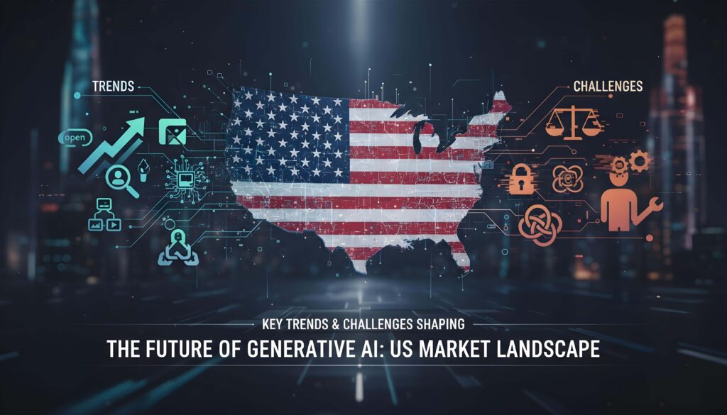 Visual concept showing generative AI transformation in the US market, highlighting innovation, regulation, and economic impact.