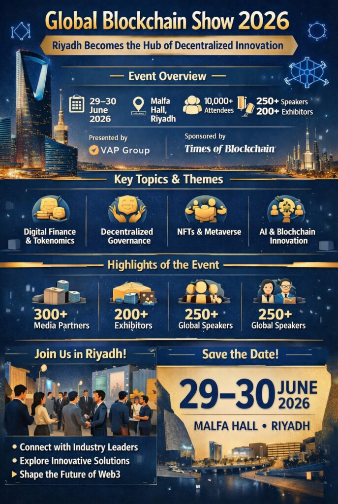 Infographic highlighting Global Blockchain Show 2026 in Riyadh and its role as a hub for blockchain, Web3, and decentralized innovation