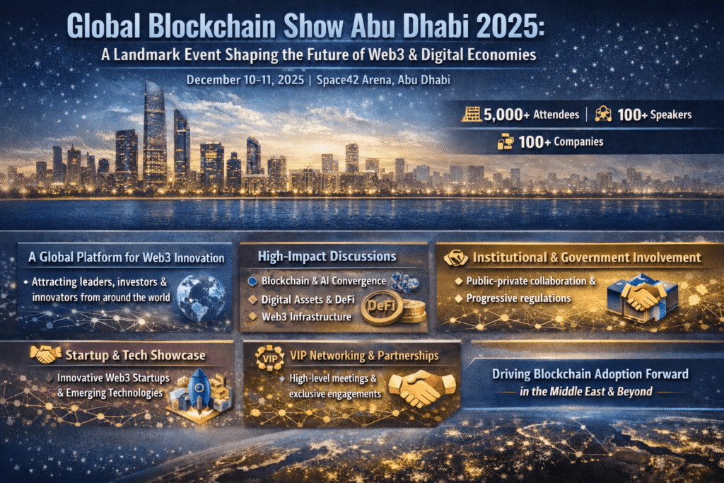 Infographic showcasing Global Blockchain Show Abu Dhabi 2025 highlights, including 5,000+ attendees, 100+ speakers, 100+ companies, and key discussions on Web3, blockchain, DeFi, AI integration, and digital economies