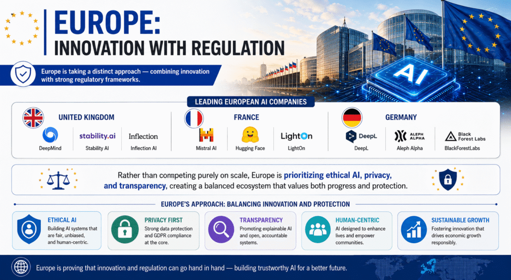 Europe AI infographic featuring UK, France, and Germany AI companies with a focus on ethical AI, privacy, and transparency.