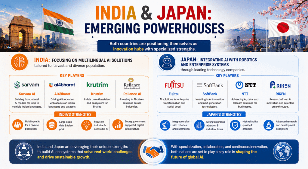 India and Japan AI infographic highlighting multilingual AI, robotics, enterprise systems, and key AI companies.