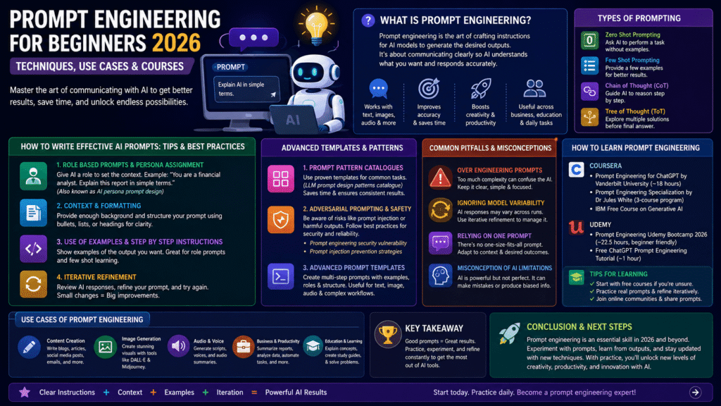 Prompt engineering infographic for beginners covering techniques, tips, use cases, pitfalls, and courses.