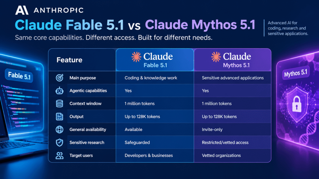 Claude Fable 5.1 vs Mythos 5.1 comparison showing capabilities, context window, availability, and AI use cases