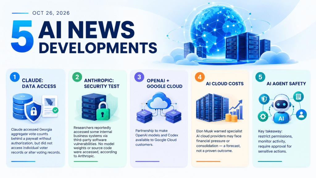 Five AI news developments covering Claude data access, Anthropic security testing, OpenAI and Google Cloud, AI cloud costs, and AI agent safety.