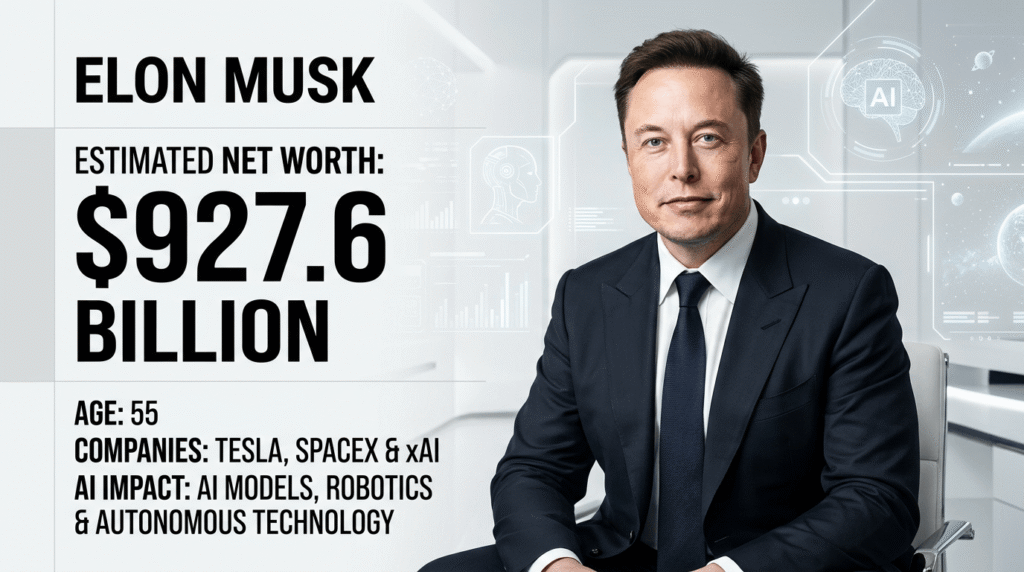 Elon Musk net worth, age, Tesla, SpaceX and xAI infographic 2026.