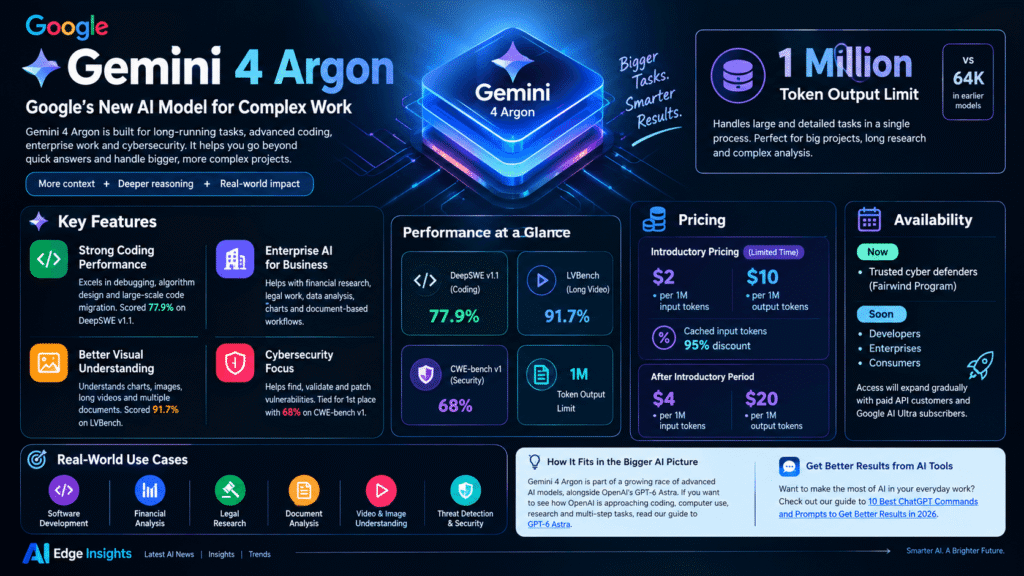 Gemini 4 Argon features, 1 million token limit, coding performance, pricing and cybersecurity