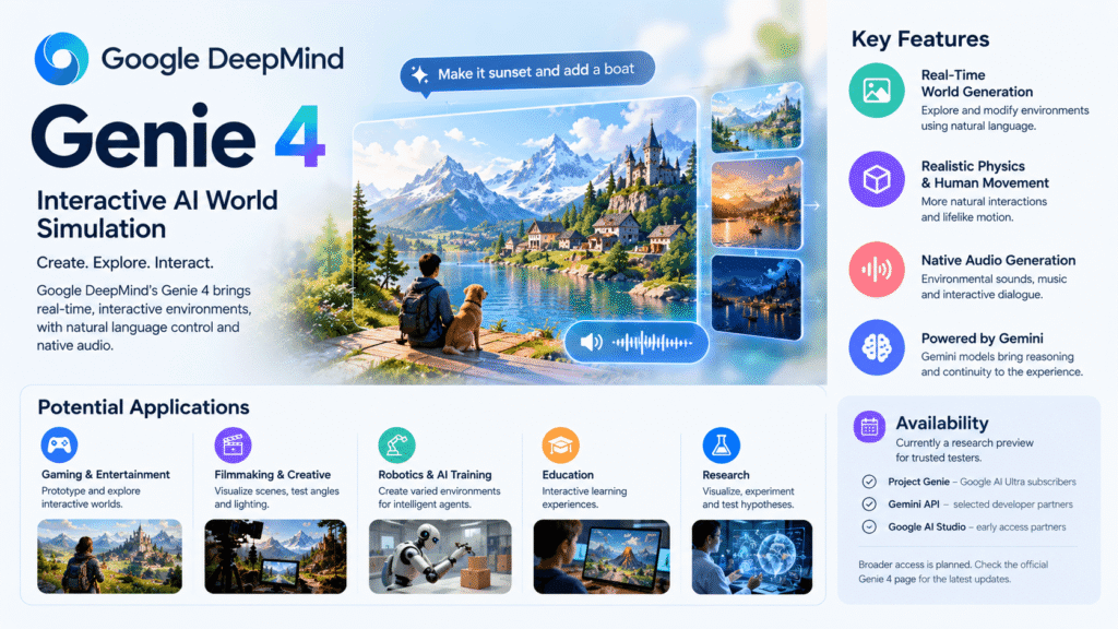 Google DeepMind Genie 4 infographic showing interactive AI world simulation, key features, applications and availability
