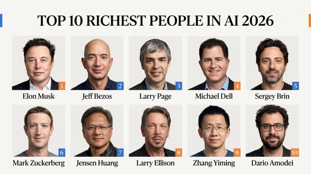 Top 10 wealthiest people in the AI industry in 2026, including Elon Musk, Jensen Huang, and Dario Amodei.