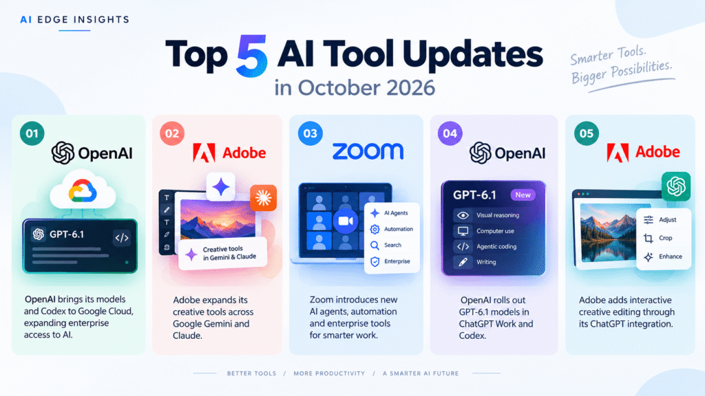 Infographic showing five AI tool updates in October 2026, featuring OpenAI, Adobe, Zoom, GPT-6.1, and AI productivity tools.