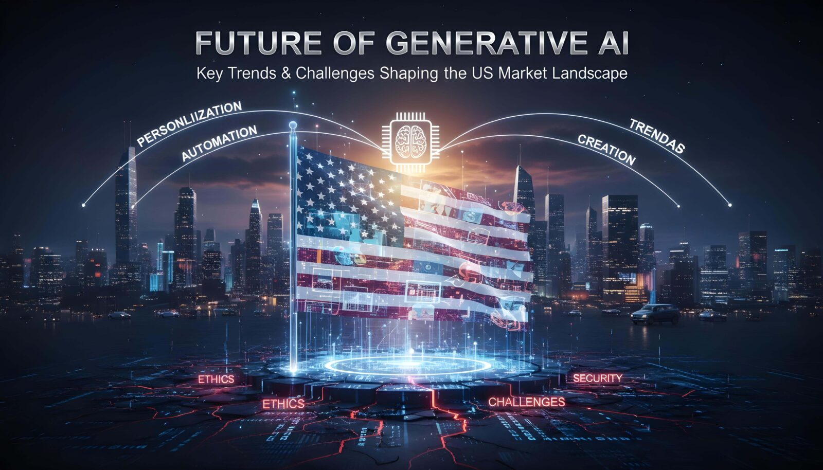 Illustration representing the future of generative AI in the United States, highlighting emerging trends, ethical challenges, and market growth across industries.