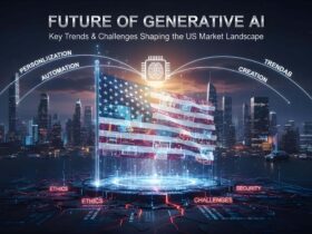 Illustration representing the future of generative AI in the United States, highlighting emerging trends, ethical challenges, and market growth across industries.