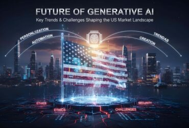 Illustration representing the future of generative AI in the United States, highlighting emerging trends, ethical challenges, and market growth across industries.