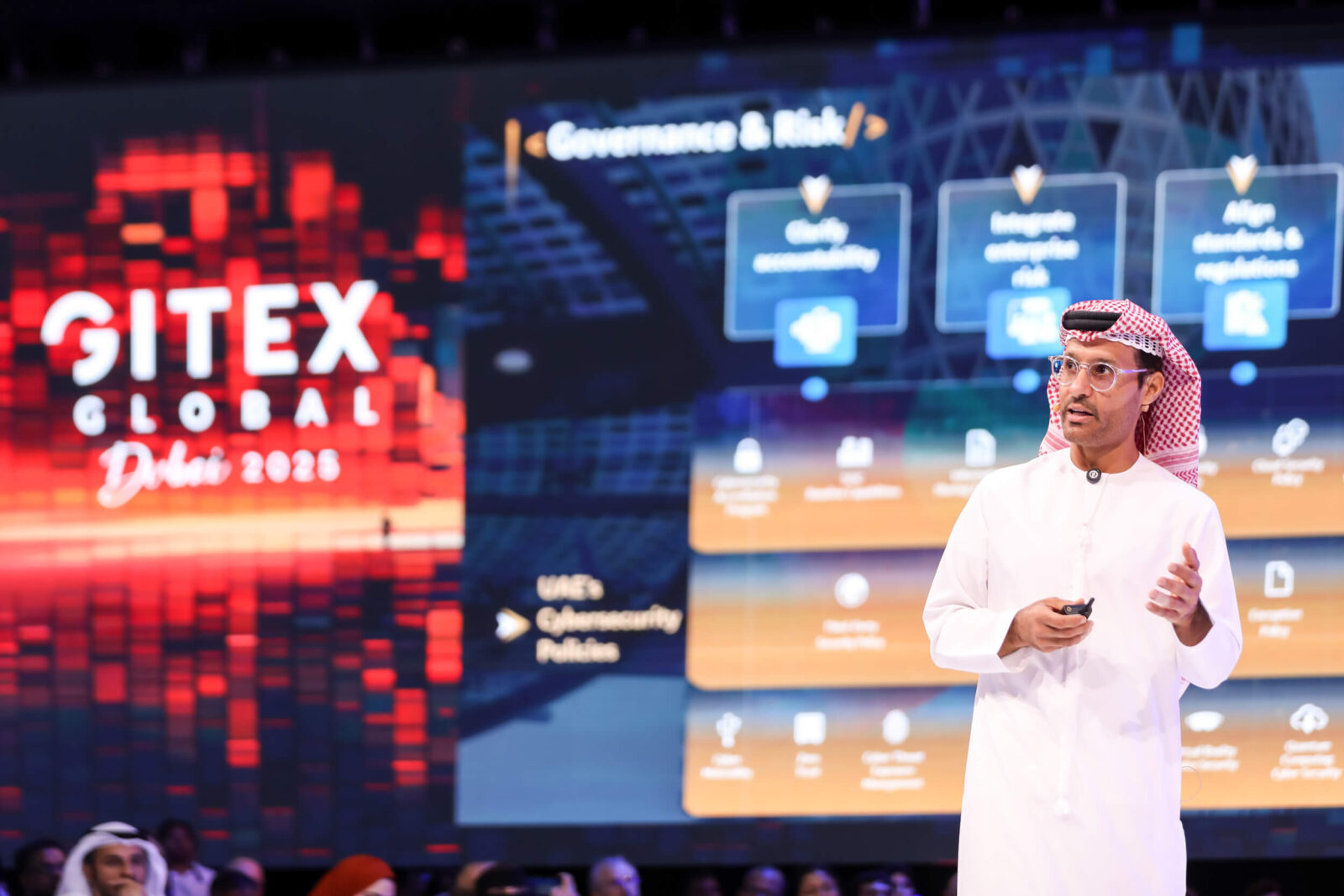 H.E. Dr. Mohamed Al Kuwaiti, Head of Cybersecurity for the UAE Government, speaking at a technology and innovation event.