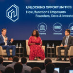 Networking and collaboration scene highlighting founders, developers, and investors connecting beyond a tech conference, representing opportunities unlocked by Function1.