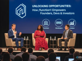 Networking and collaboration scene highlighting founders, developers, and investors connecting beyond a tech conference, representing opportunities unlocked by Function1.