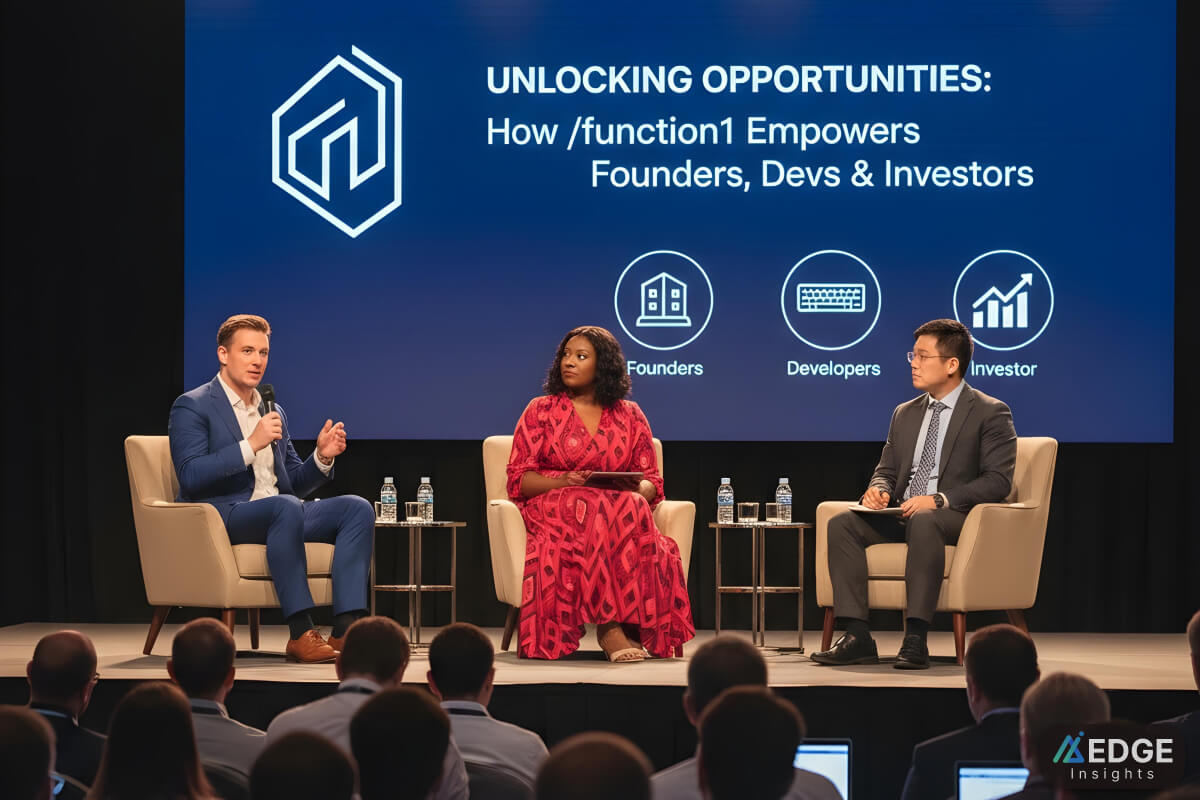Networking and collaboration scene highlighting founders, developers, and investors connecting beyond a tech conference, representing opportunities unlocked by Function1.