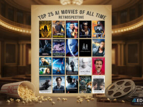 Poster collage of famous AI movies featuring humanoid robots, futuristic cityscapes, and digital intelligence themes — representing the top 25 artificial intelligence films of all time.