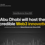 Announcement graphic for the Global Blockchain Show 2025 in Abu Dhabi, hosted by VAP Group, reminding viewers to save the event dates.
