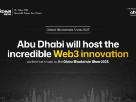 Announcement graphic for the Global Blockchain Show 2025 in Abu Dhabi, hosted by VAP Group, reminding viewers to save the event dates.