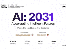 Global AI Show 2025 event banner displaying ‘AI: 2031 – Accelerating Intelligent Futures’ with event details for 8–9 December 2025 in Abu Dhabi, highlighting partners, speakers, attendees, sponsors, and media.