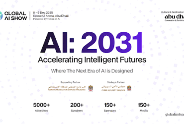 Global AI Show 2025 event banner displaying ‘AI: 2031 – Accelerating Intelligent Futures’ with event details for 8–9 December 2025 in Abu Dhabi, highlighting partners, speakers, attendees, sponsors, and media.