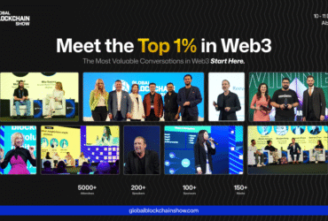 Global Blockchain Show 2025 announcement banner encouraging viewers to block their dates for the VAP Group–hosted event in Abu Dhabi.