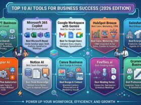 Collection of top AI tools for business in 2026 including automation, data analytics, customer service chatbots, and productivity platforms used by modern companies to improve efficiency and growth.