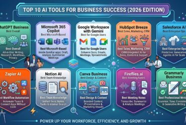 Collection of top AI tools for business in 2026 including automation, data analytics, customer service chatbots, and productivity platforms used by modern companies to improve efficiency and growth.
