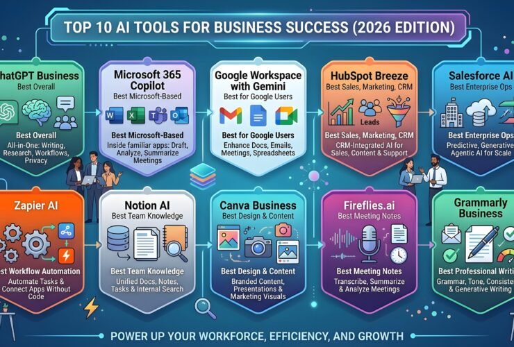 Collection of top AI tools for business in 2026 including automation, data analytics, customer service chatbots, and productivity platforms used by modern companies to improve efficiency and growth.