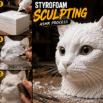 Realistic styrofoam sculpture carving showing an artist shaping detailed foam artwork by hand