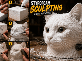 Realistic styrofoam sculpture carving showing an artist shaping detailed foam artwork by hand