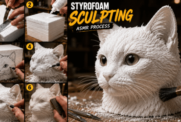Realistic styrofoam sculpture carving showing an artist shaping detailed foam artwork by hand