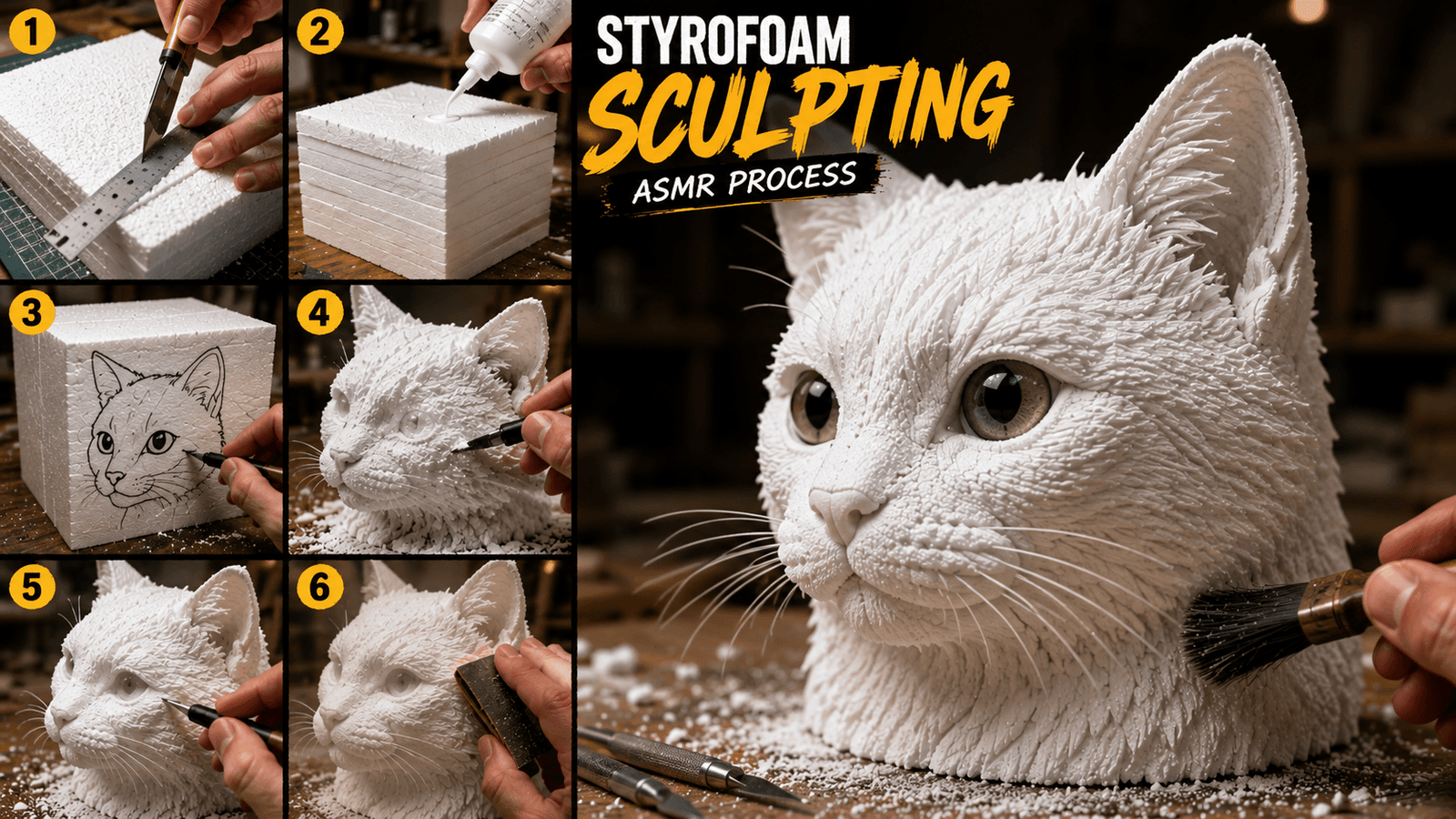 Realistic styrofoam sculpture carving showing an artist shaping detailed foam artwork by hand