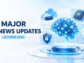 5 Major AI News Updates for October 2026 featuring an AI neural network, advanced AI chips, cloud computing, and cybersecurity.