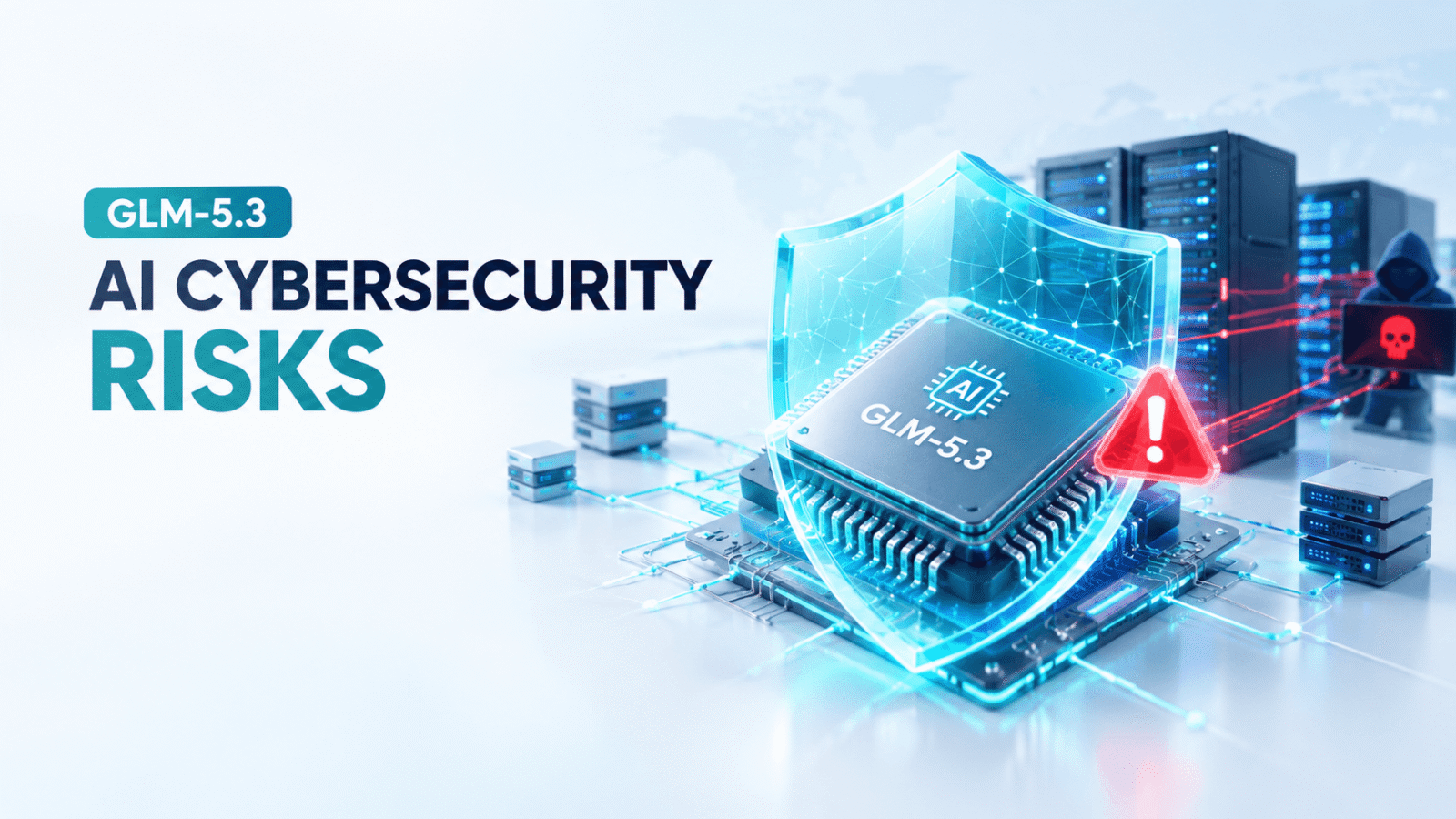 GLM-5.3 AI cybersecurity risks featuring an AI processor chip, digital security shield, server infrastructure, and cyber threat warning.