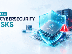 GLM-5.3 AI cybersecurity risks featuring an AI processor chip, digital security shield, server infrastructure, and cyber threat warning.