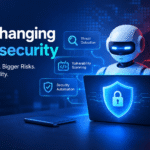 AI cybersecurity illustration showing an intelligent robot protecting a laptop with a digital security shield while highlighting AI-powered scams, automated attacks, and threat detection.