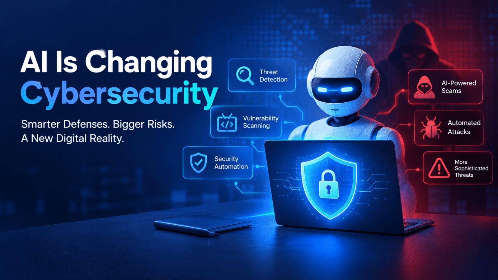 AI cybersecurity illustration showing an intelligent robot protecting a laptop with a digital security shield while highlighting AI-powered scams, automated attacks, and threat detection.