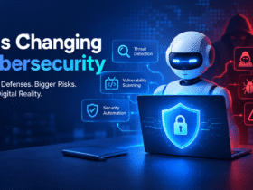 AI cybersecurity illustration showing an intelligent robot protecting a laptop with a digital security shield while highlighting AI-powered scams, automated attacks, and threat detection.