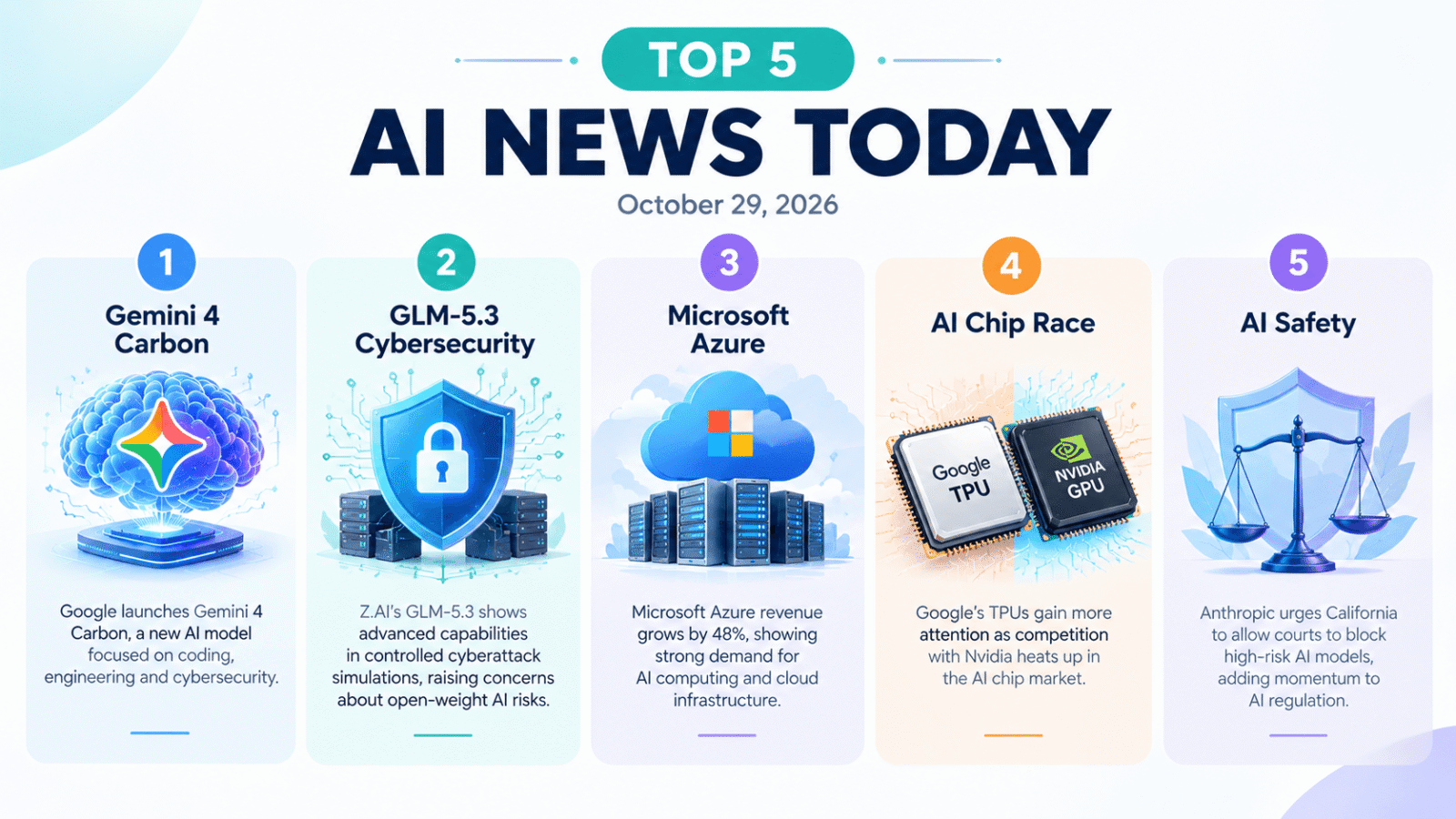 Top 5 AI News Today featuring Gemini 4 Carbon, GLM-5.3 AI cybersecurity, Microsoft Azure cloud computing, Google TPU vs NVIDIA AI chips, and Anthropic AI safety.