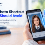 AI photo privacy risks for children, showing a school portrait on a smartphone with an AI security shield.