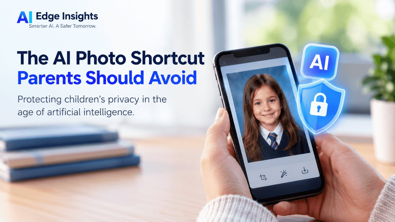 AI photo privacy risks for children, showing a school portrait on a smartphone with an AI security shield.