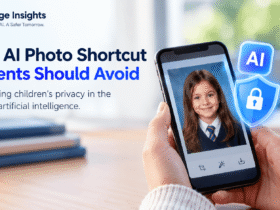 AI photo privacy risks for children, showing a school portrait on a smartphone with an AI security shield.