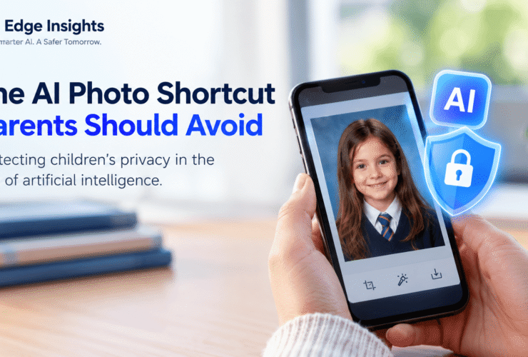 AI photo privacy risks for children, showing a school portrait on a smartphone with an AI security shield.