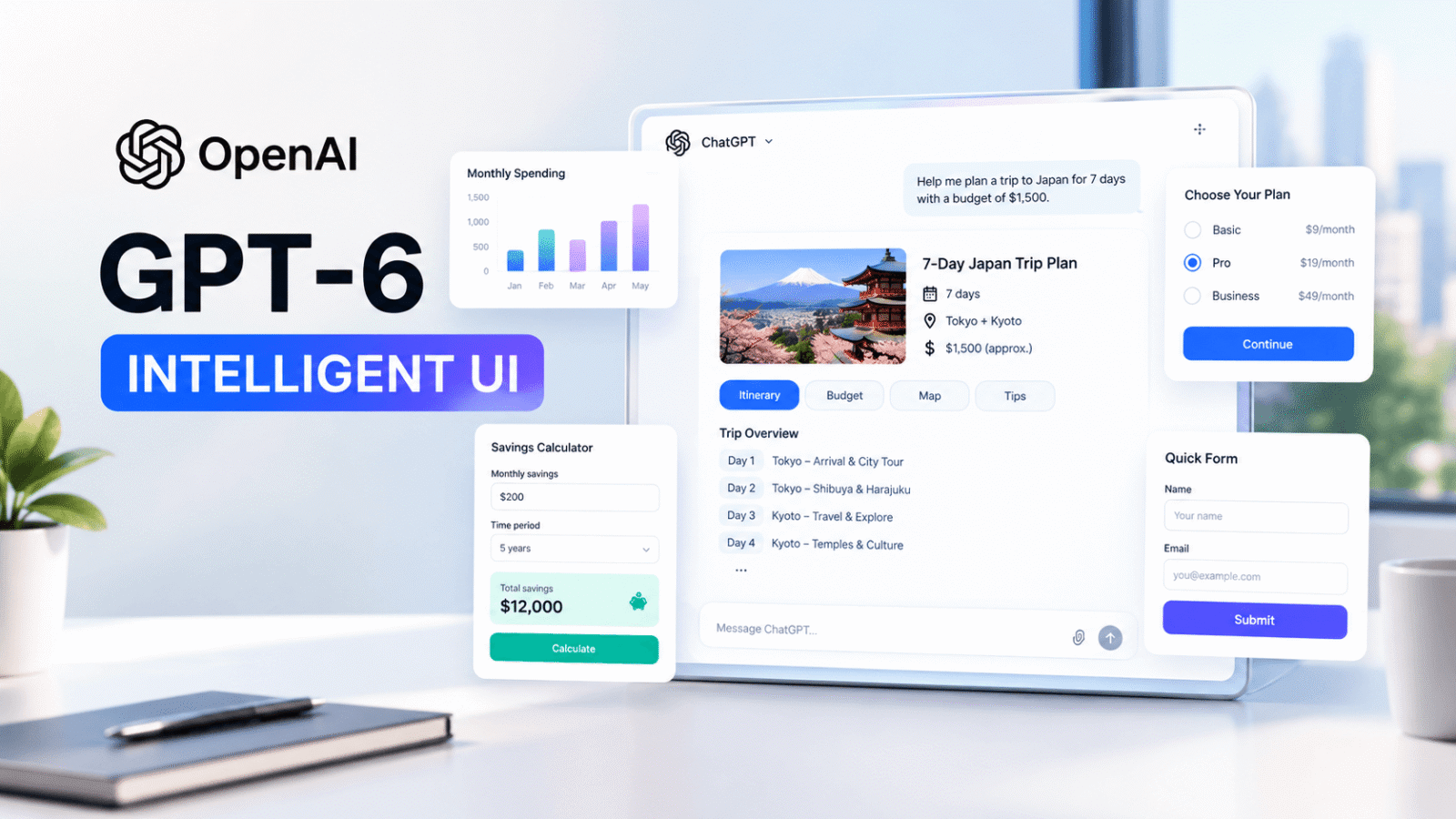 GPT-6 Intelligent UI with interactive charts, forms, and AI tools.