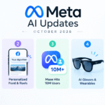 Infographic showing five Meta AI updates, including Muse models, Facebook recommendations, 10 million Muse users, AI glasses, and Meta One.