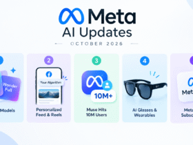 Infographic showing five Meta AI updates, including Muse models, Facebook recommendations, 10 million Muse users, AI glasses, and Meta One.