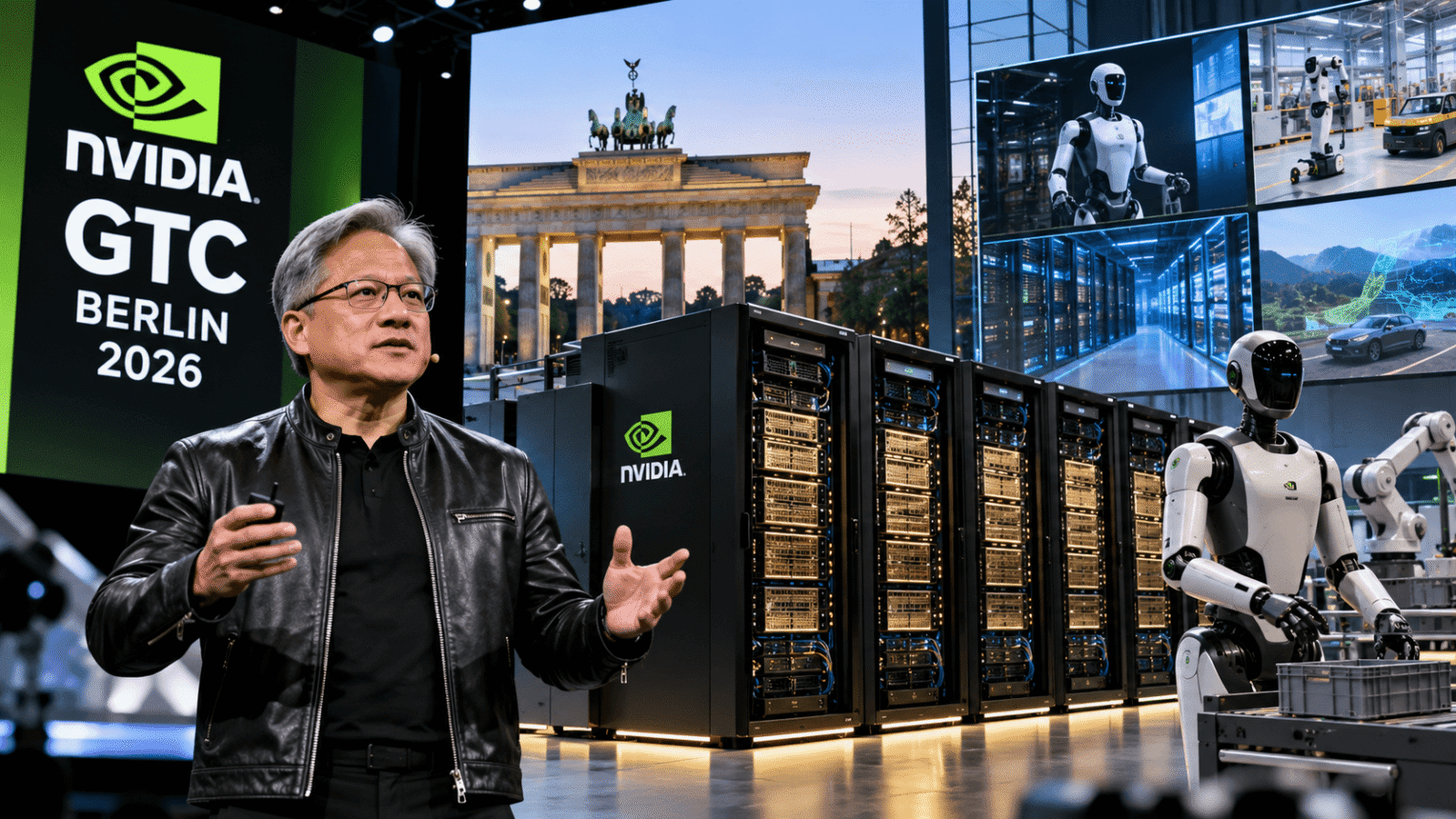 NVIDIA GTC Berlin 2026 showcasing AI infrastructure, Vera Rubin DSX POD, AI agents, and robotics.
