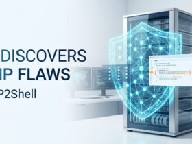 AI cybersecurity illustration showing PHP vulnerabilities, server protection, and a digital security shield.