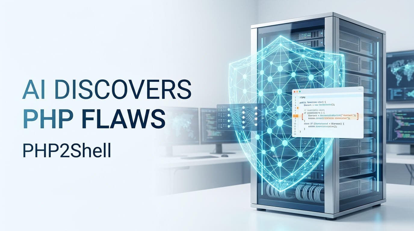 AI cybersecurity illustration showing PHP vulnerabilities, server protection, and a digital security shield.